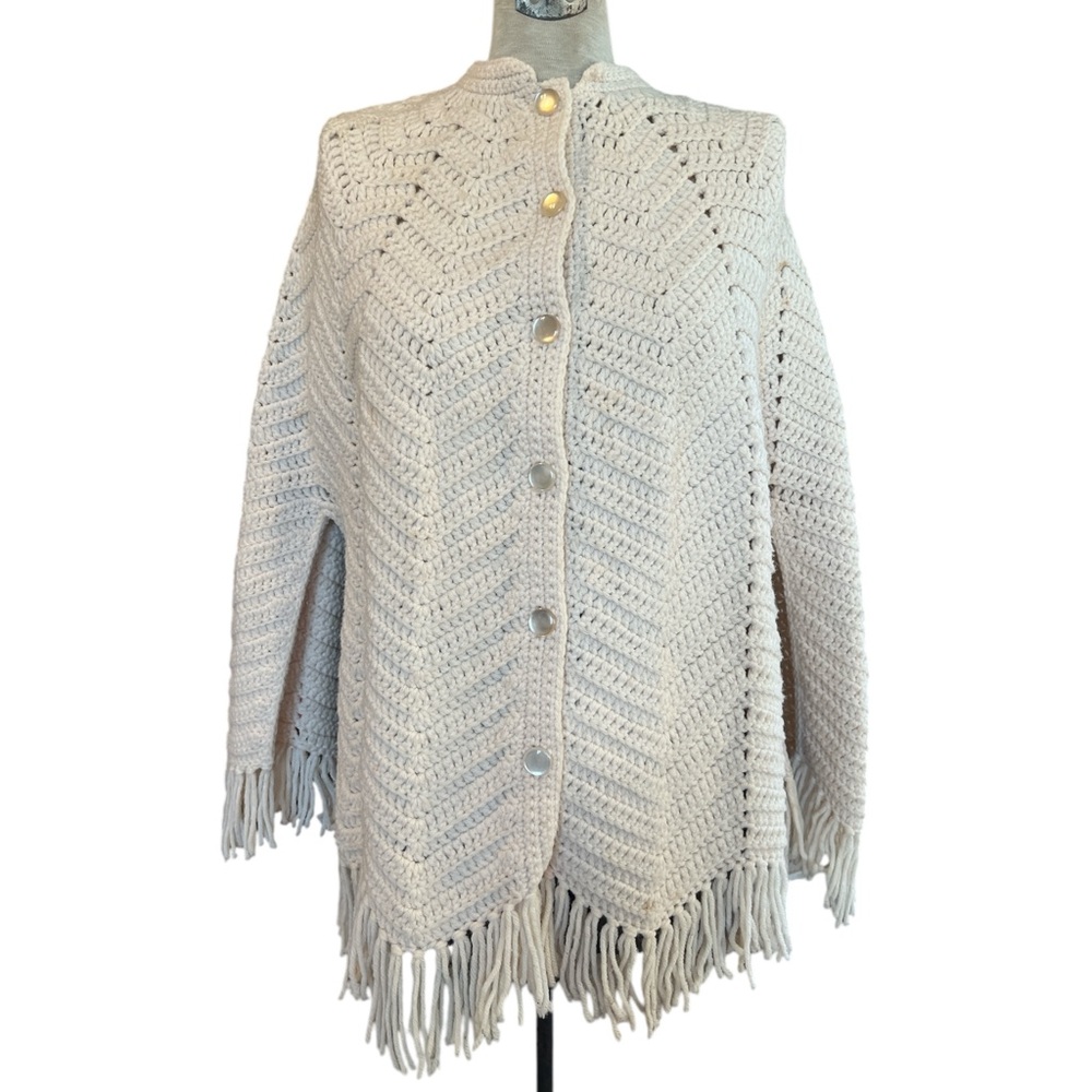 Vintage Cream Crochet Knit Fringe Cape Poncho